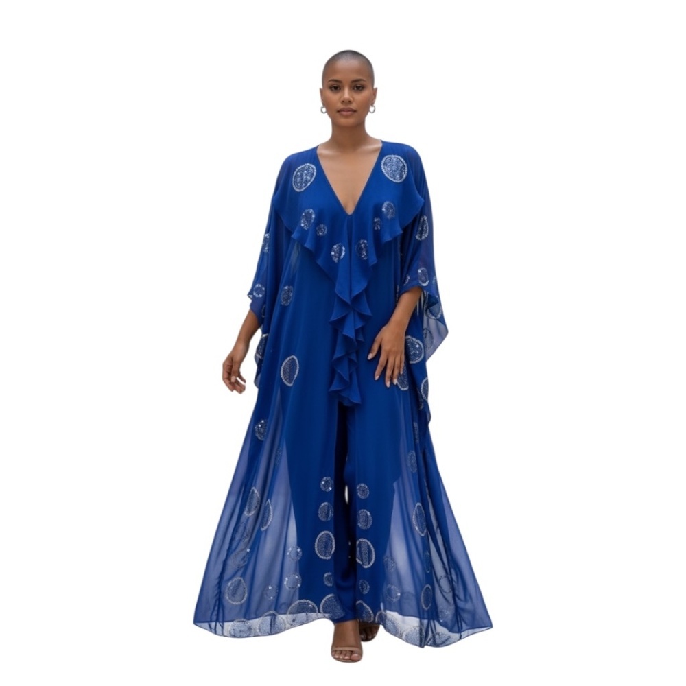 Roaman's Women's Plus Size Beaded Blue Ankle-Length‎ Chiffon Long Sleeve Jacket,
